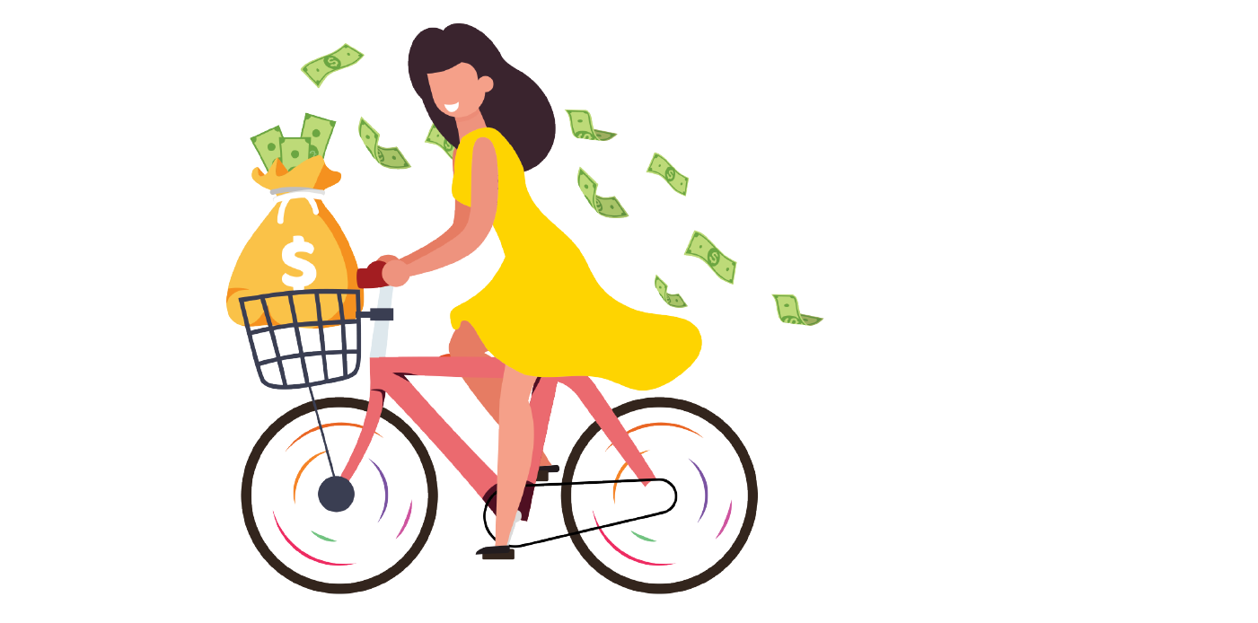 A cartoon woman riding a bike with dollars floating into the air behind her